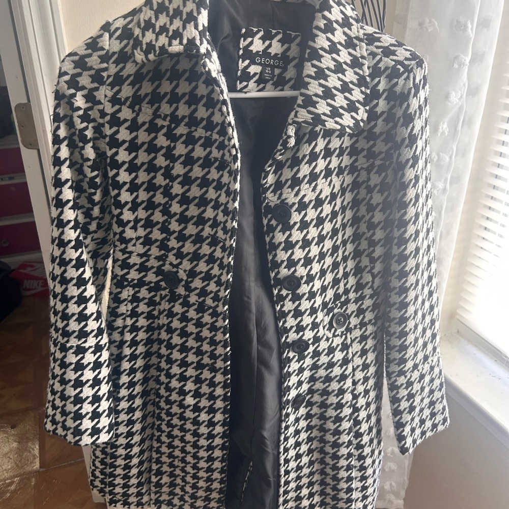 George Black and White Trench Coat with Houndstooth Pattern